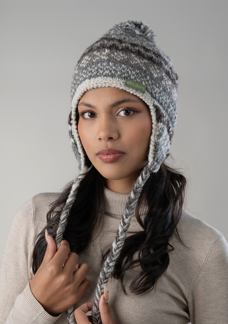 Natural Dark  Color Hand Knitted Winter Sherpa Cap