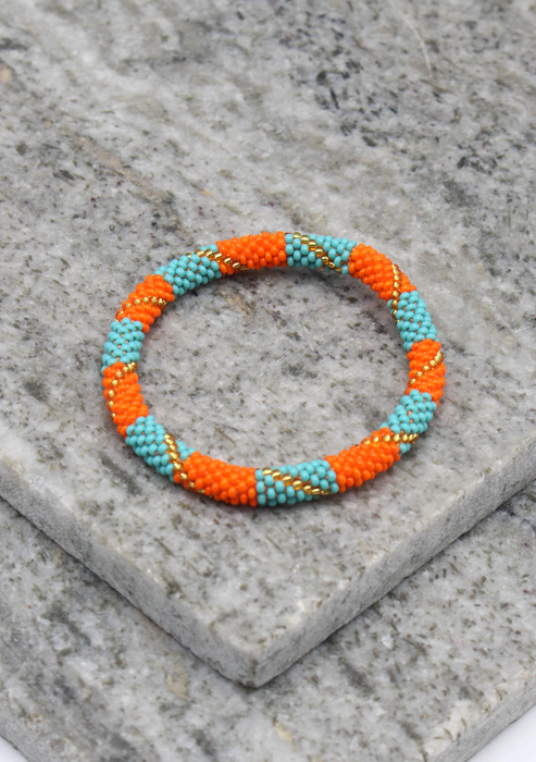 Orange Turquoise   Nepalese Roll on Beads Bracelet