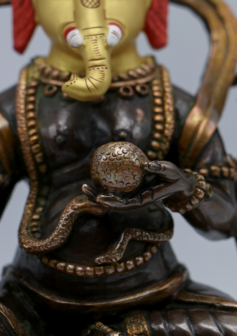 Gold Face Painted Copper Ganesh Statue 7"H
