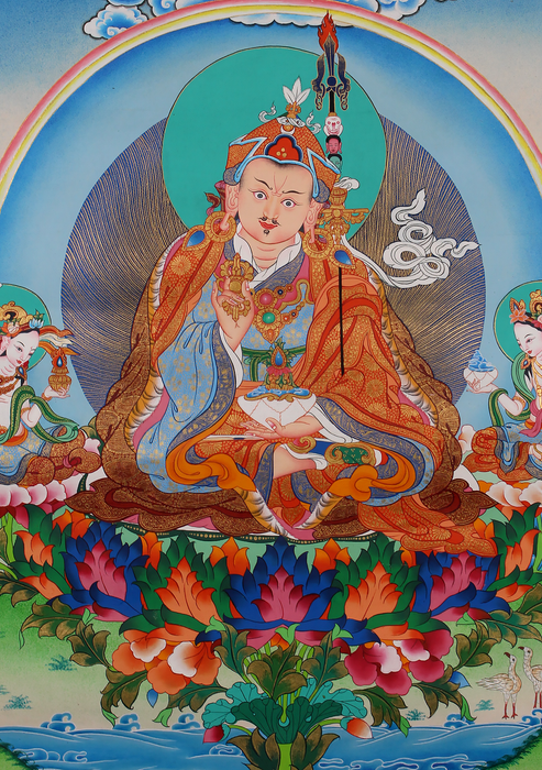 Guru Rinpoche with Two Consorts Brocade Thangka Painting | Handmade Tibetan Buddhist Art from Nepal
