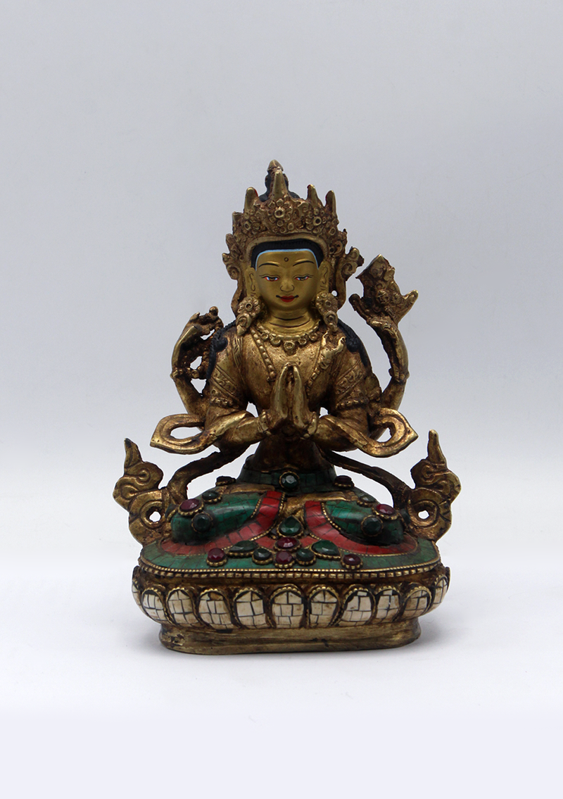 Stone Inlaid Copper Chenrezig Statue 6"H (1)