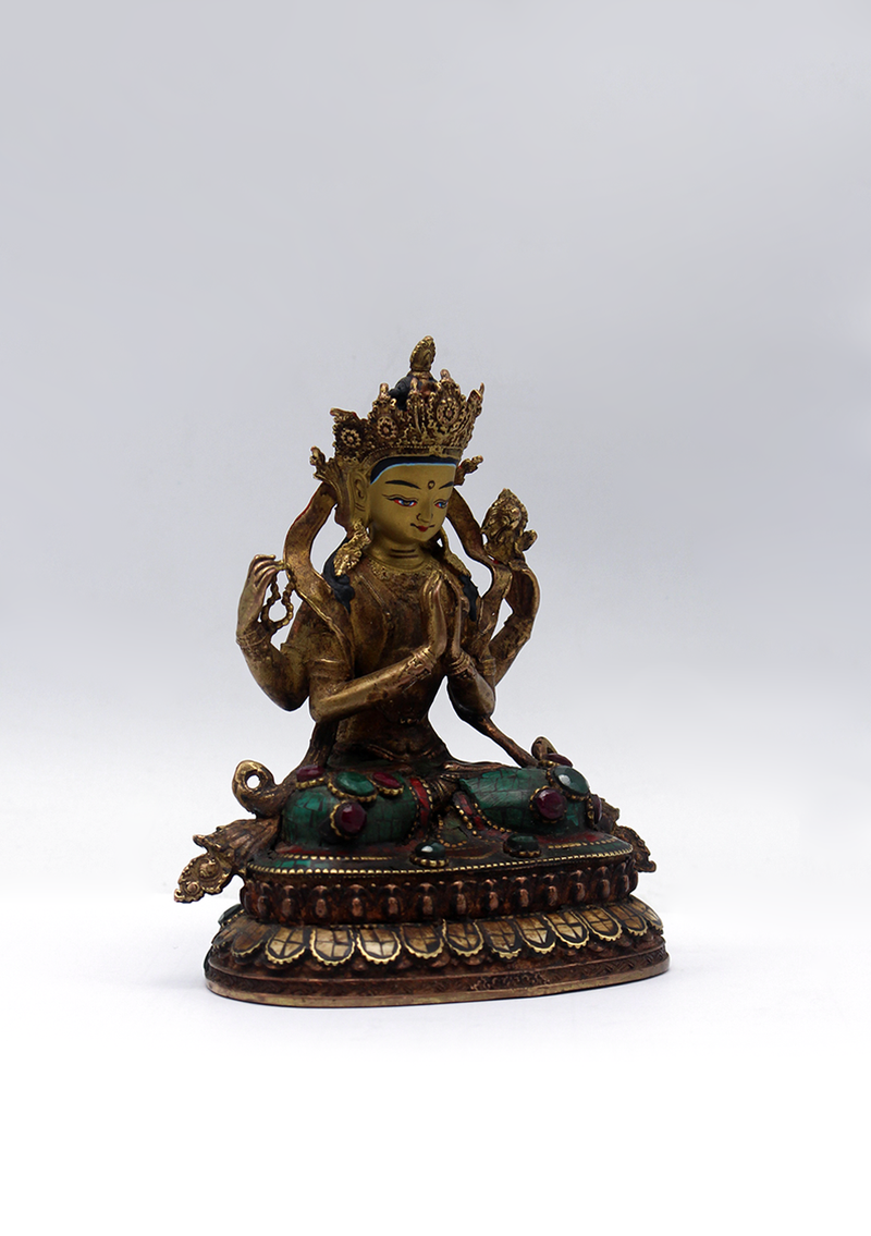 Stone Inlaid Copper Chenrezig Statue 4.5"H