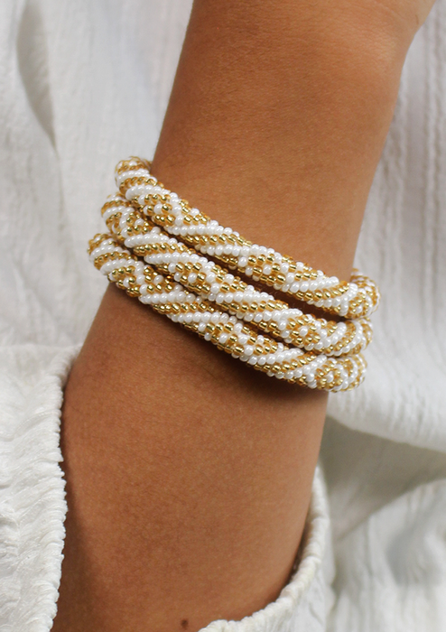 Nepalese Roll on Beads Golden White Diamond Patterned Beads Bracelet for Kids
