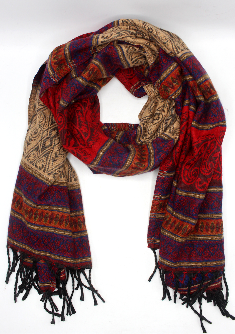 Hand loomed Leaf Heart Red Woolen Shawl Nepal
