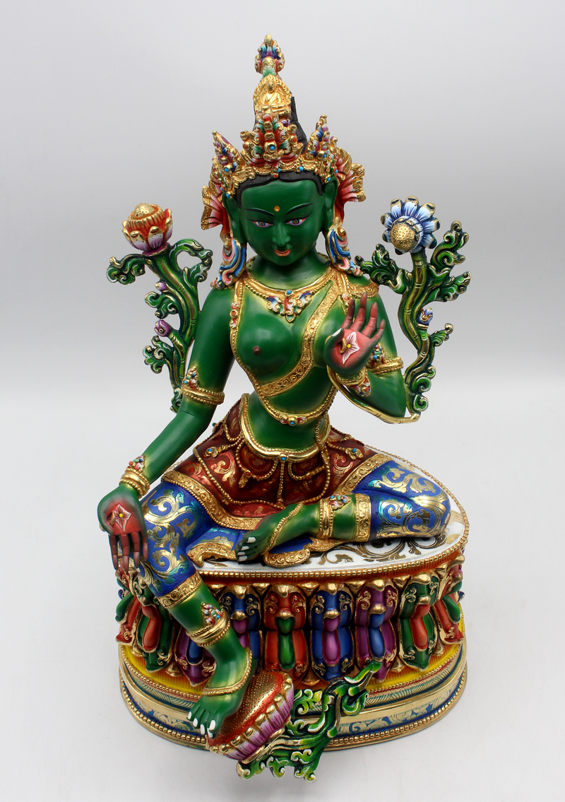 Radiant Gold Jewels Green Tara Sculpture: A Nepali Masterpiece