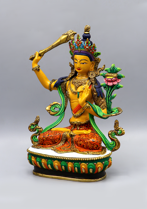 Hand Painted Gold Plated Manjushree Statue 9"H by Archana Shakya