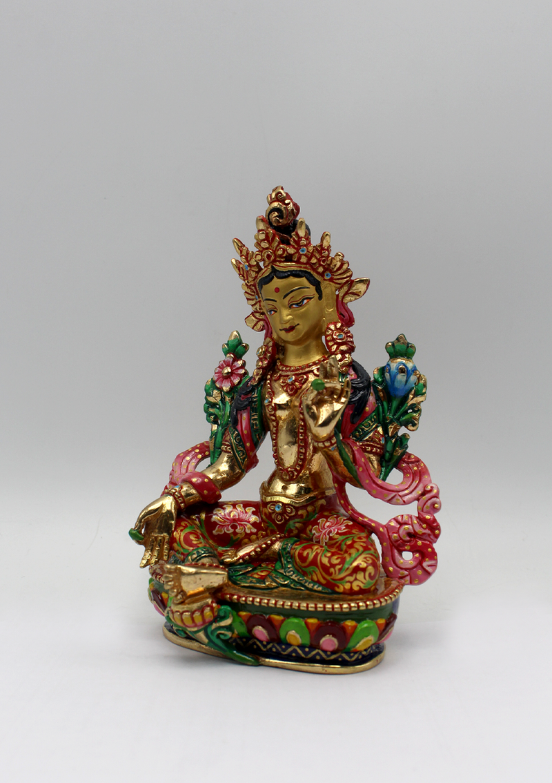 Hand Painted Gold Green Tara Statue 5.5" H