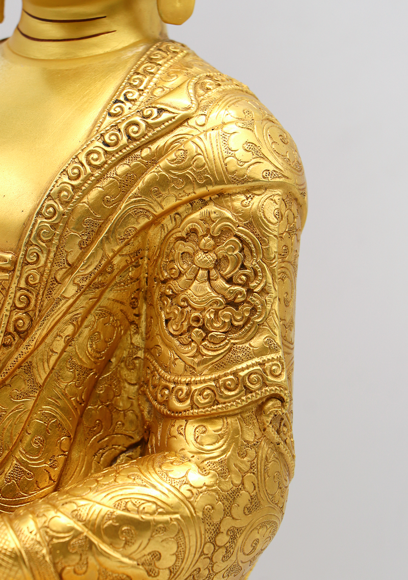 Eight Auspicious Symbols Carved Gold Plated Shakyamuni Buddha Statue 13" H