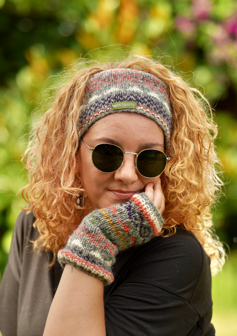 Grey Multicolor Pure Wool Winter Sherpa Head Band with Inner Fleece