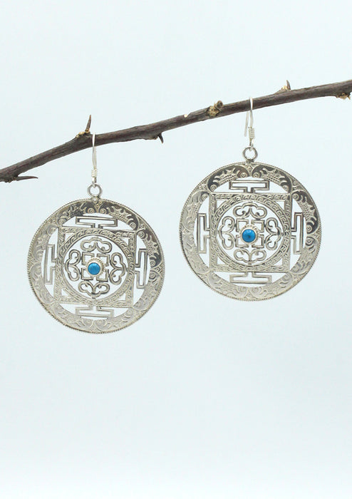Sterling Silver Turquoise Inlaid Mandala Earrings Large