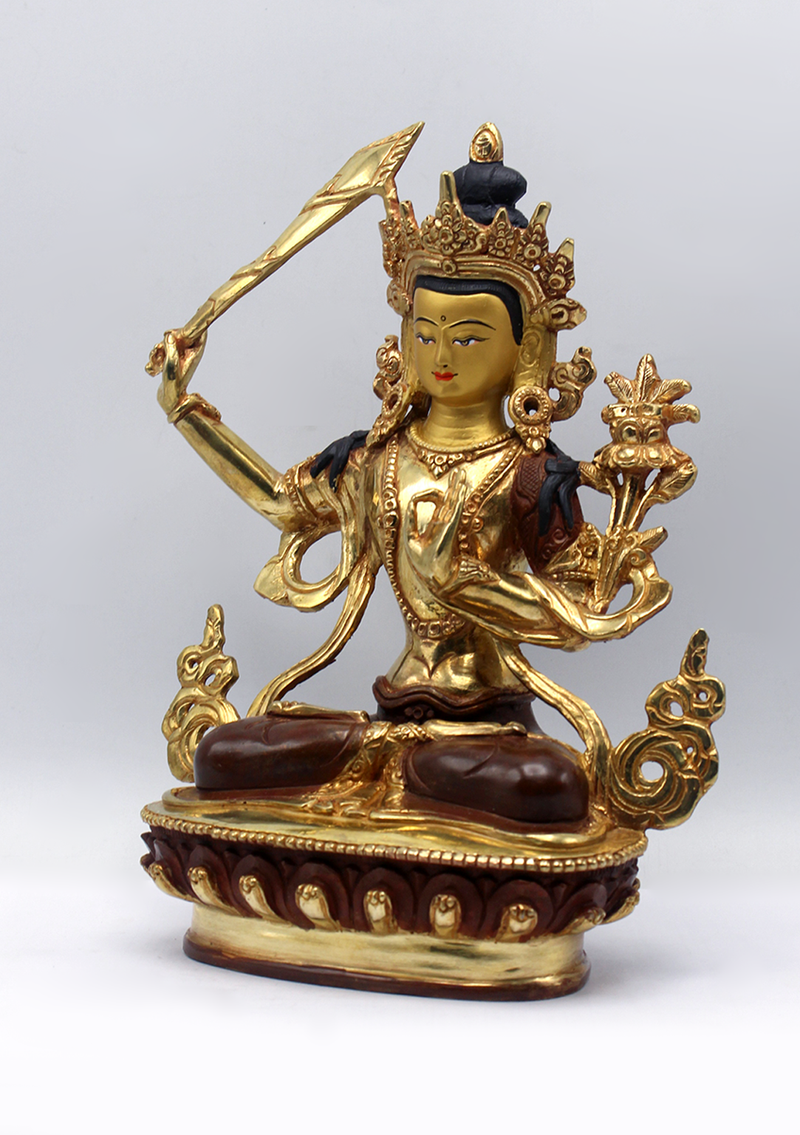 God of Wisdom Gold Plated Manjushri Statue 9" H