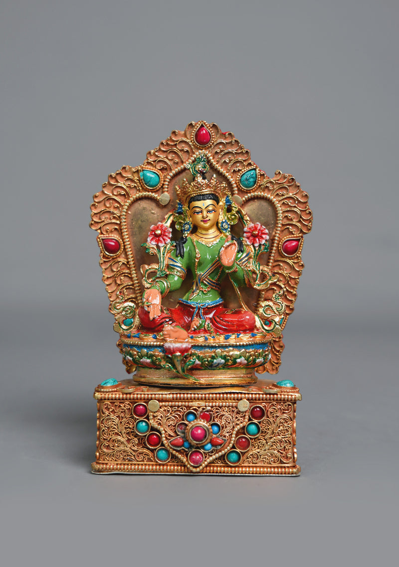 Handpainted Green Tara Statue with Stone-Inlaid Throne