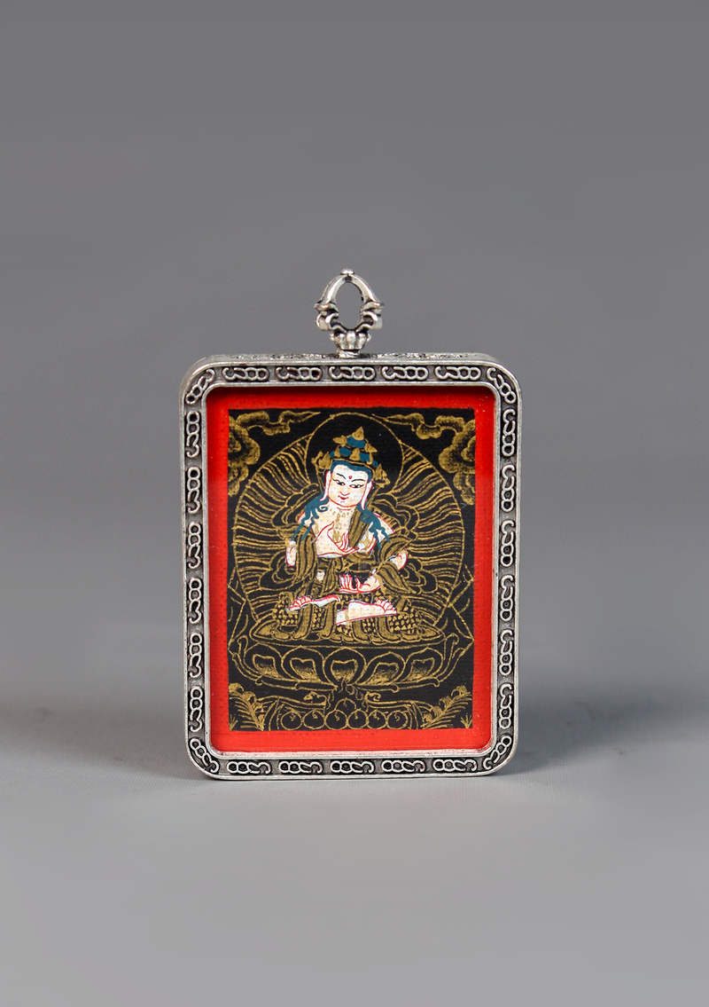 Vajrasattva Mini Thangka Amulet Pendant Silver Color Frame