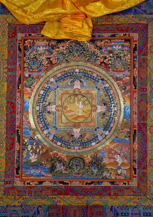 Birth of Siddhartha Gautam on Mandala Brocade Thangka Painting