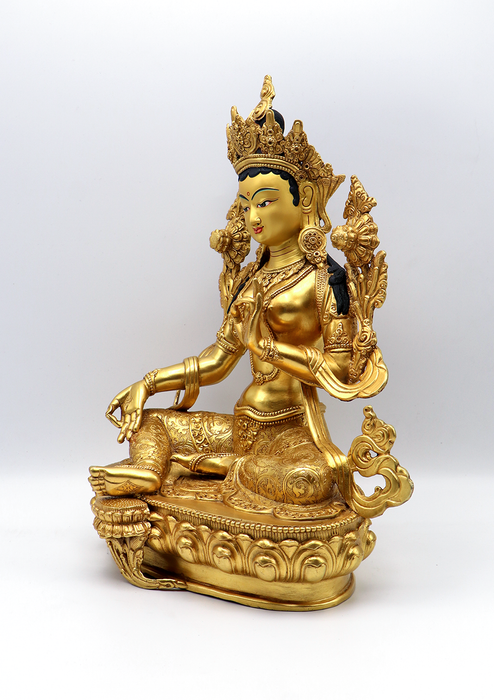Green Tara Jetsun Dölma Gold Plated Copper Statue 13" H
