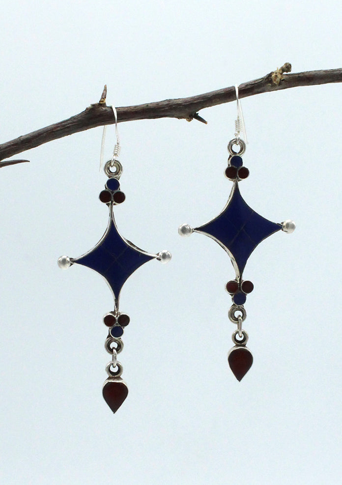 Sterling Silver Star Shaped Earrings with Inlaid Lapis and Coral