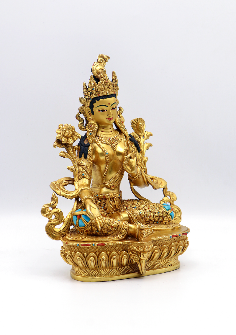 Full Gold Plated Copper Stone Inlaid Green Tara Statue 8.5"H