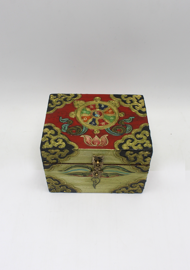 Handpainted Tibetan Wooden Boxes with Dharmachakra- Small