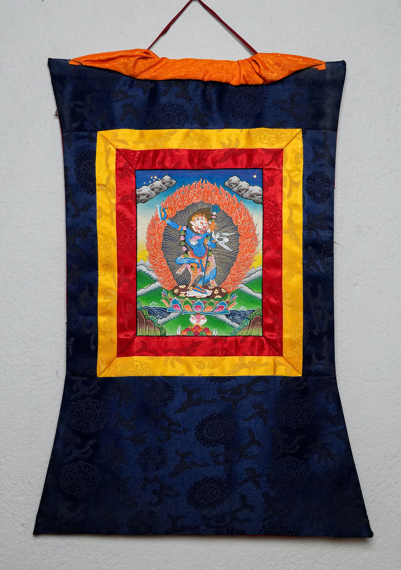Simhamukha Thangka Painting with Brocade