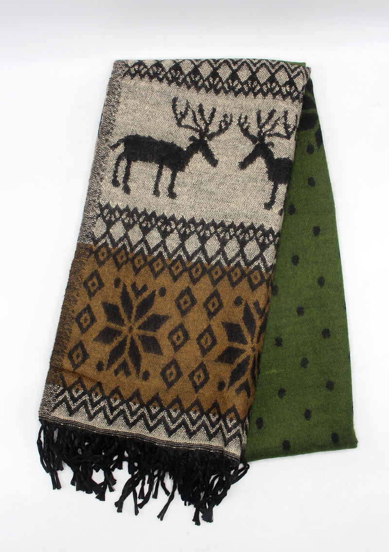 Hand loomed Deer Green Woolen Shawl- Red Rose