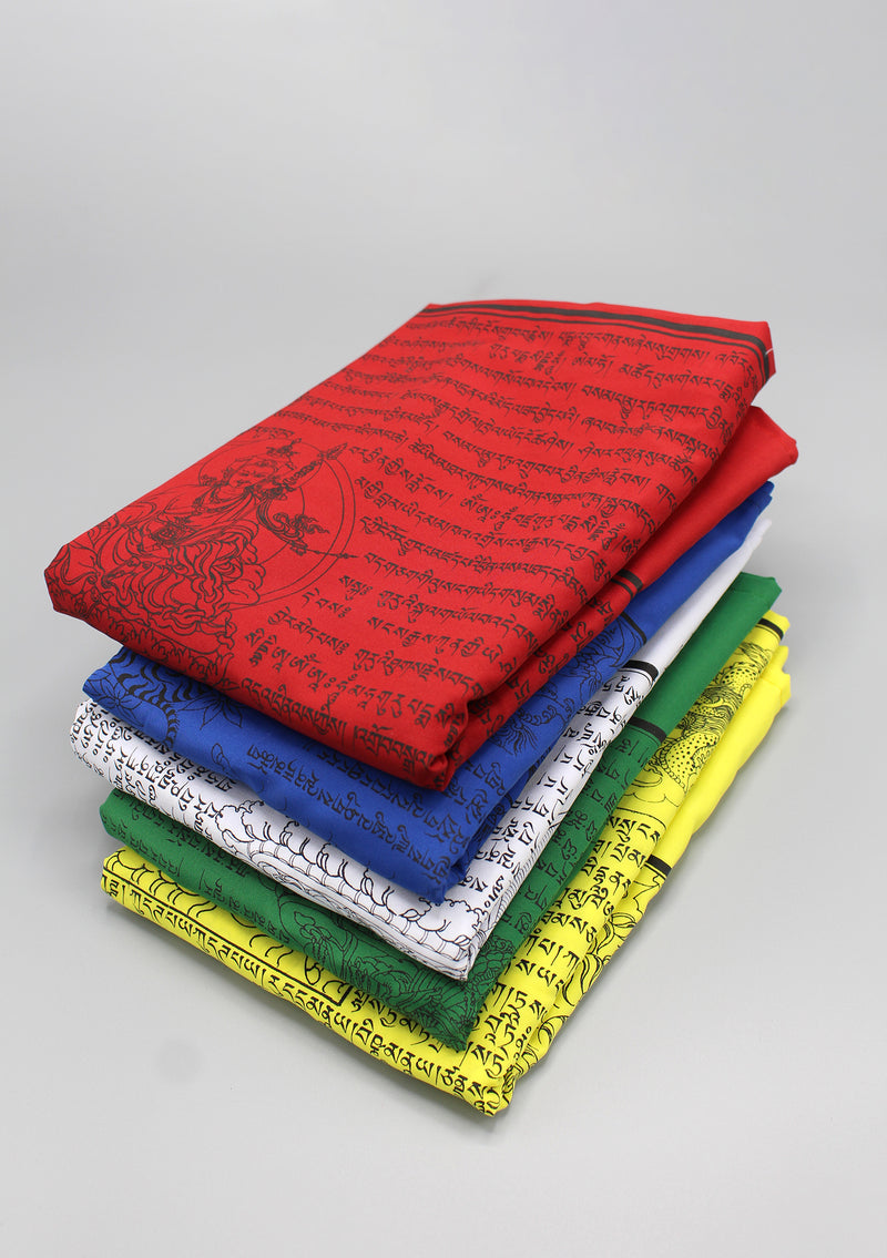 Set of Five Tibetan Deities and Windhorse Printed Vertical Prayer Flags