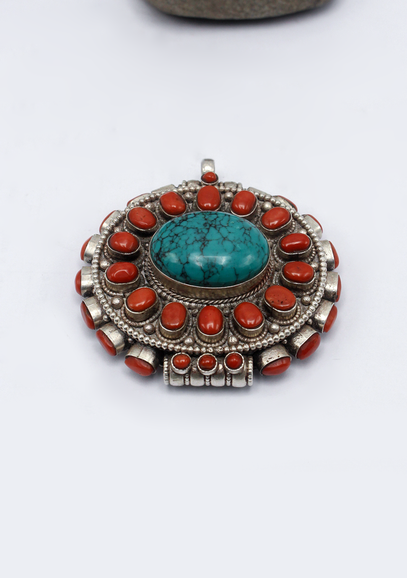 Handcrafted Tibetan Turquoise & Coral Silver Sterling Ghau Pendant