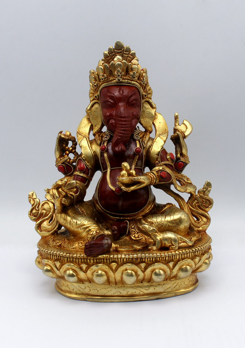 Coral  Jasper Gold Plated Ganesha Statue 8"H