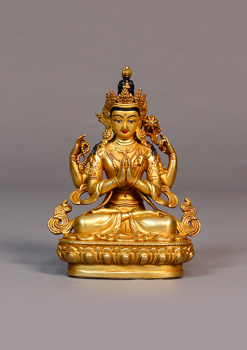 Fully Gold Plated Chenrezig Statue 4.25"H