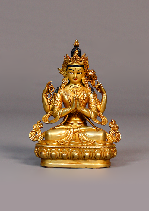 Fully Gold Plated Chenrezig Statue 4.25"H