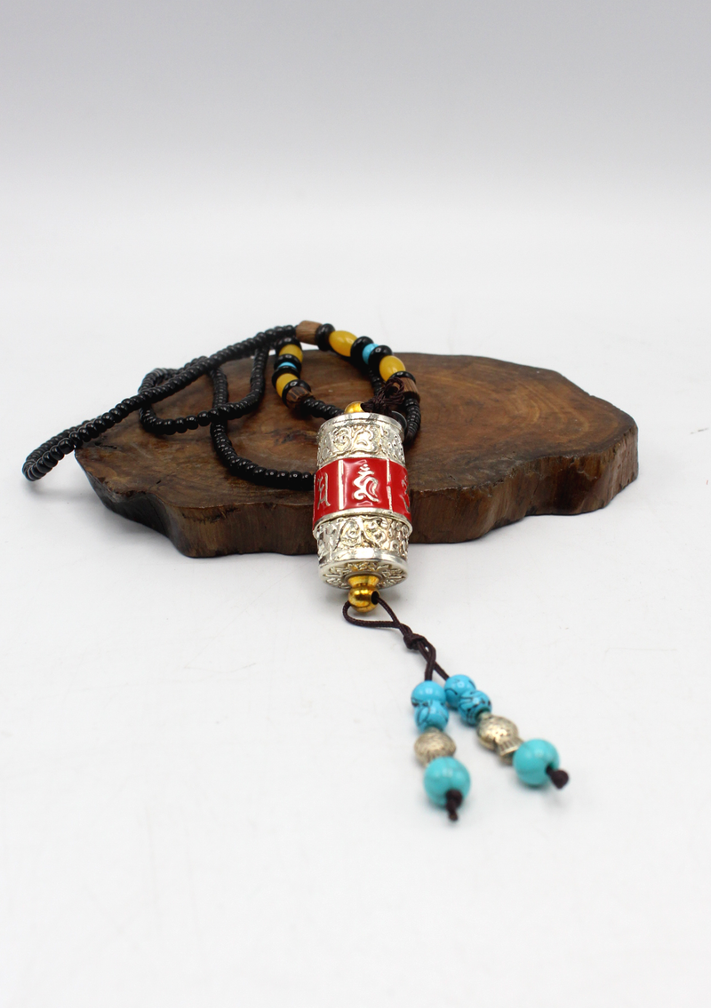 Tibetan Mantra Carved Prayer Wheel Car Hanging with Beads