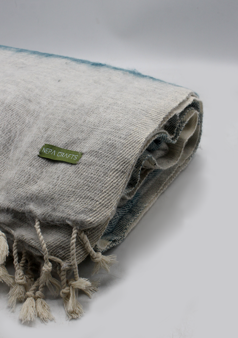 Hand-loomed Beige Blue  Yak Wool Blanket