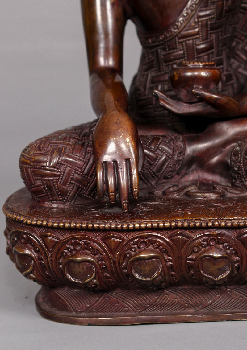 Copper Oxidized Shakyamuni Statue with Dorjee Carving 11" H