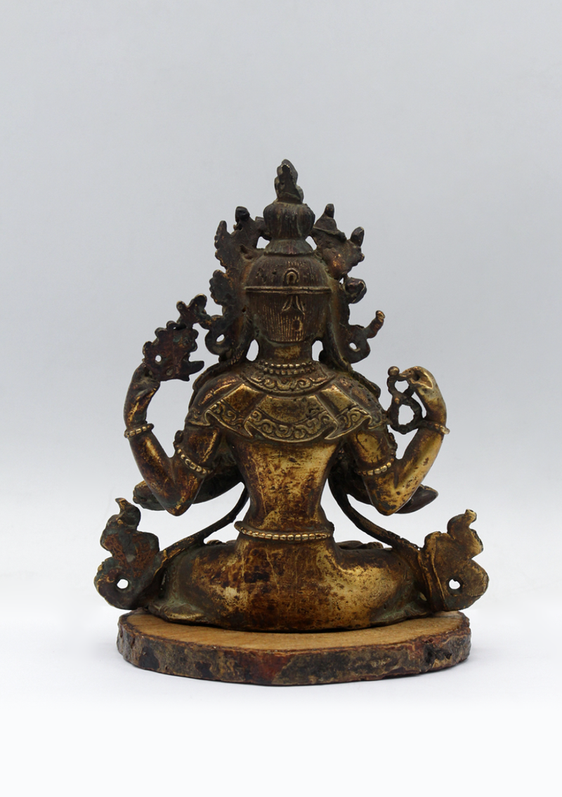 Fully Gold-Plated Chenrezig Statue with Antique Finish 5"H