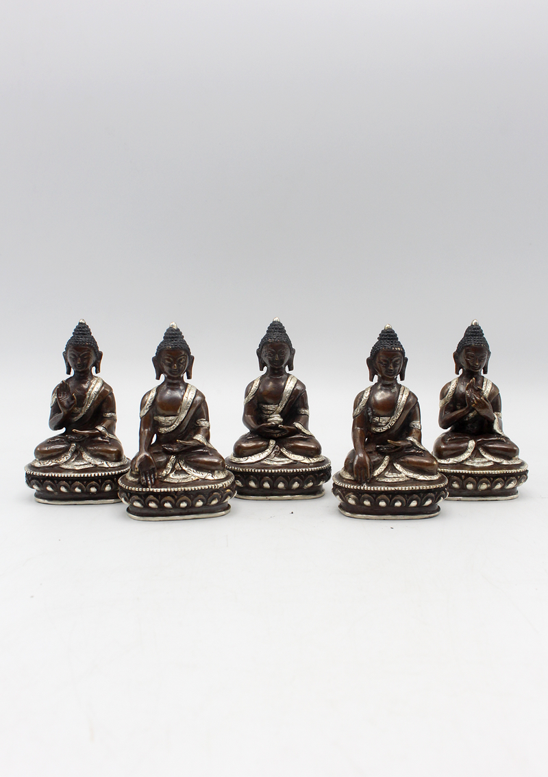 Copper Five Dhyani Buddhas with Silver Robe Statue, Panchha Buddha Statue