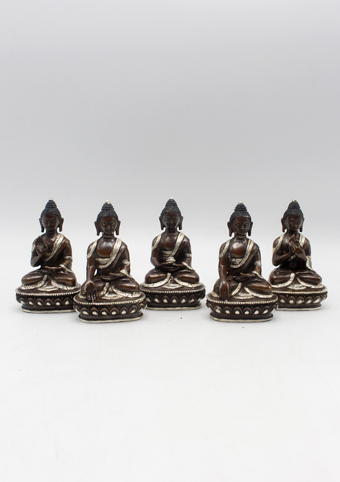 Copper Five Dhyani Buddhas with Silver Robe Statue, Panchha Buddha Statue