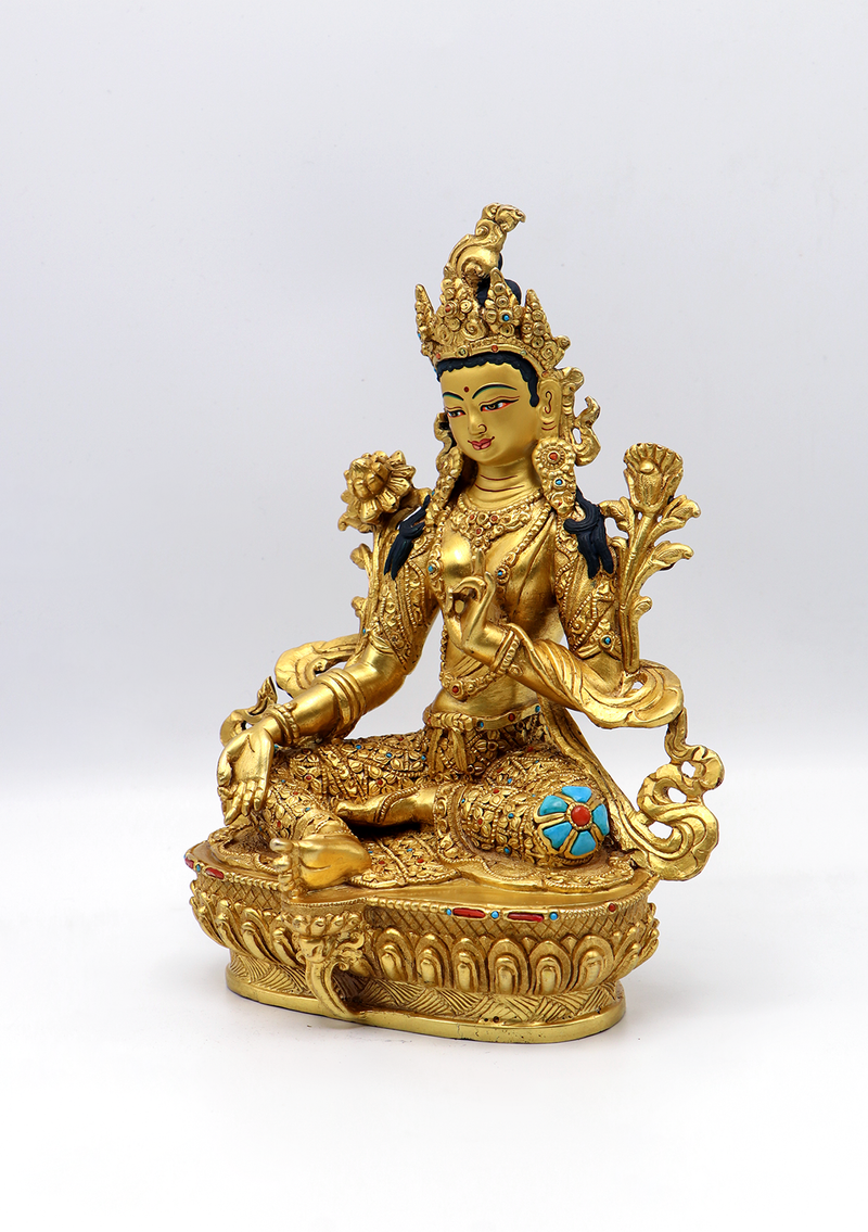 Full Gold Plated Copper Stone Inlaid Green Tara Statue 8.5"H