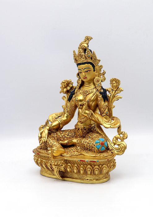 Full Gold Plated Copper Stone Inlaid Green Tara Statue 8.5"H