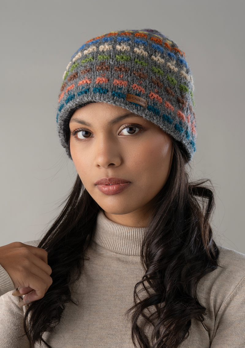 Handknitted Multicolor Dotted Beanie - Gray