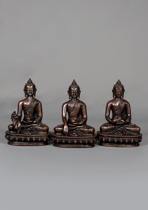 Copper Buddha Trinity Statue Set 4.75" H