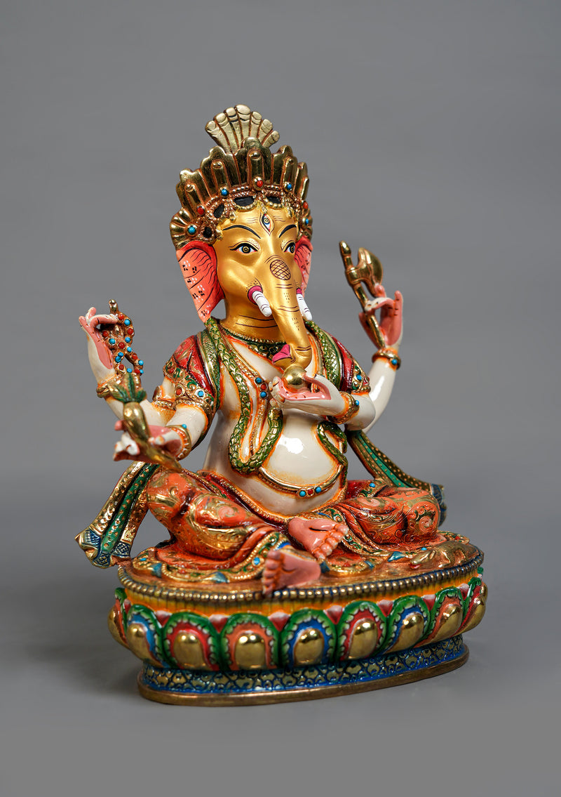 9" Handpainted Ganesh Statue – Partly Gold Plated Copper, Patan Nepal