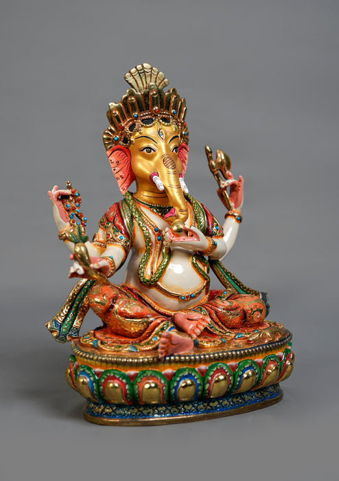 9" Handpainted Ganesh Statue – Partly Gold Plated Copper, Patan Nepal