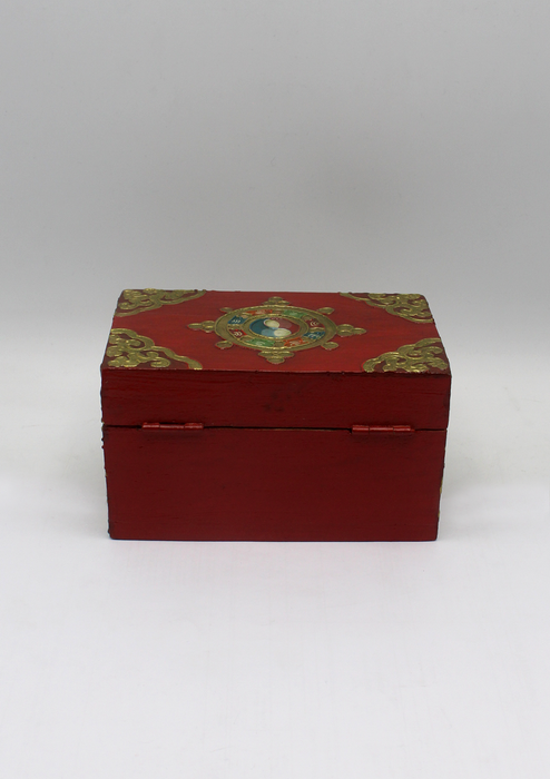 Handpainted Tibetan Wooden Box with Dharmachakra- Medium