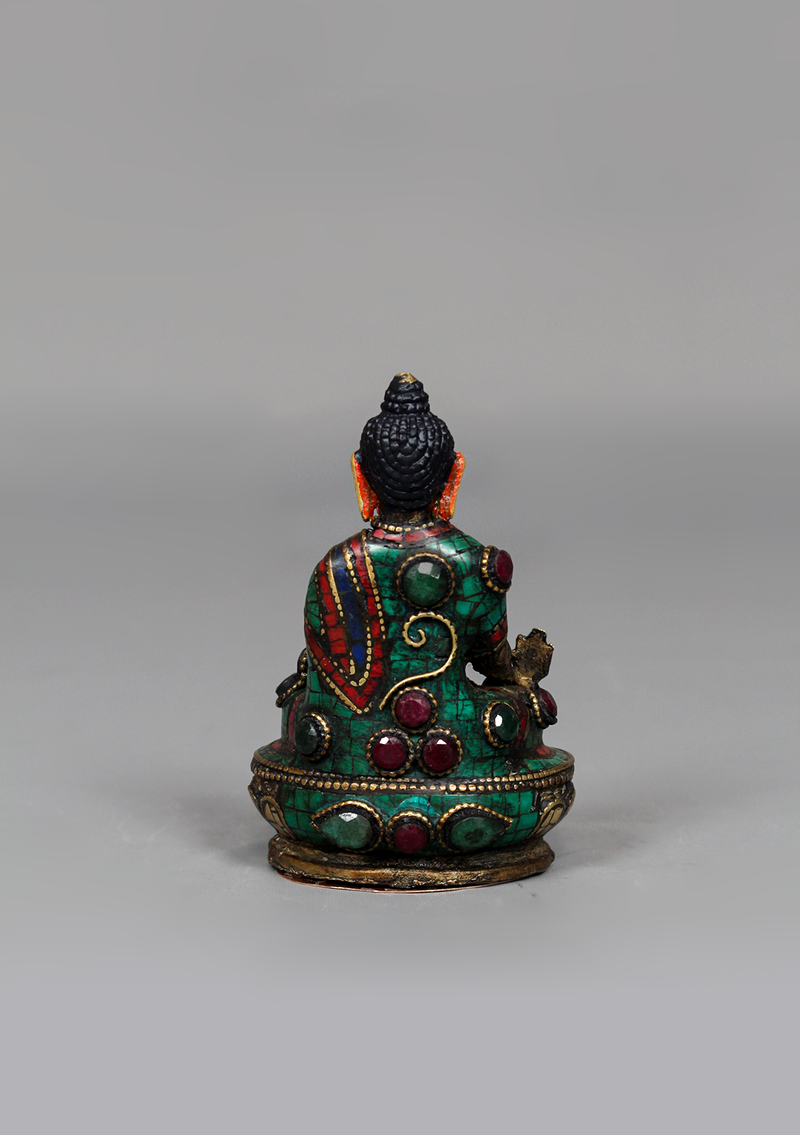 Stone Inlaid Copper Medicine Buddha Statue 3.25" H