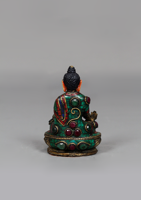Stone Inlaid Copper Medicine Buddha Statue 3.25" H
