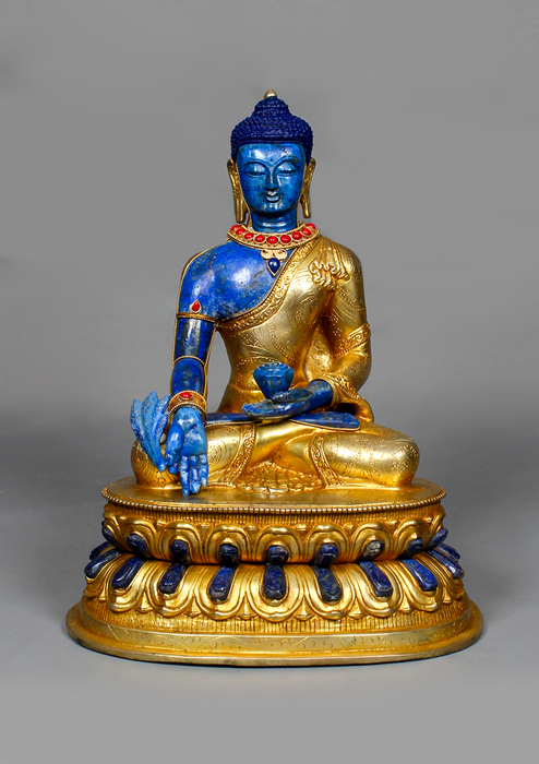 Lapis Lazuli Gold Plated Medicine Buddha Statue 12" H