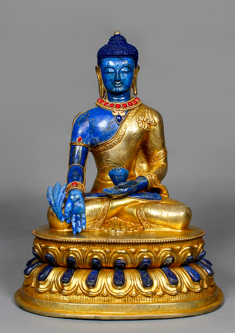 Lapis Lazuli Gold Plated Medicine Buddha Statue 12" H