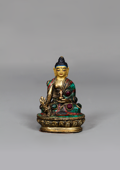 Stone Inlaid Copper Medicine Buddha Statue 3.25" H