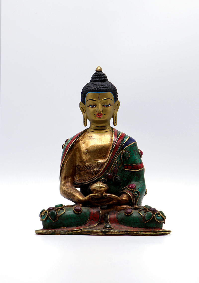 Stone Inlaid Amitabha Buddha Statue 6.5"H
