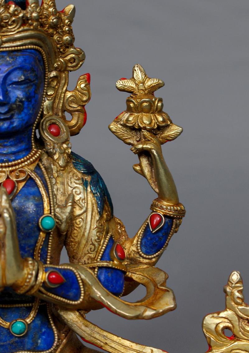 Gold Plated Lapis Lazuli Chenrezig Statue 8.75" H