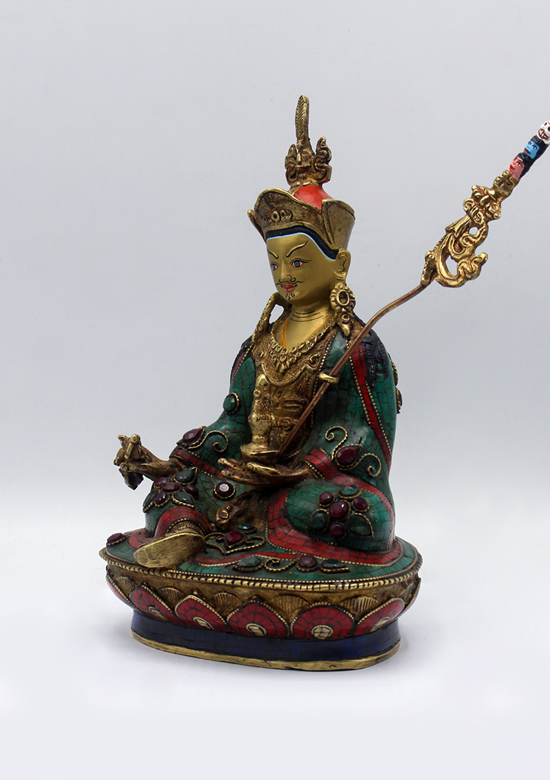 Stone Inlaid Copper Guru Padmasambhava Statue 8.5"H